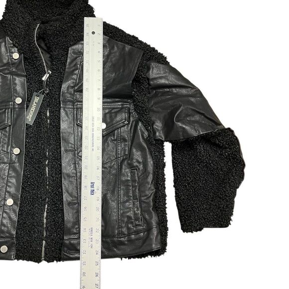 Blank NYC Jacket S Black Sherpa Oversized Vegan Leather Trucker Funnel Zip Comfy - Picture 3 of 14